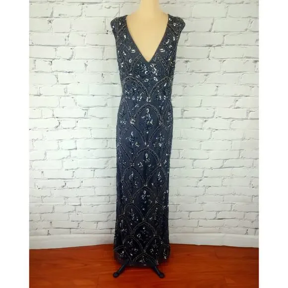 Adrianna Papell Dress Women 12 Beaded Gunmetal Grey Formal Wedding Evening Event - Picture 2 of 10